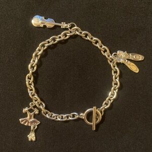 NWOT Ballerina Silver Tone Charm Bracelet Ballet Slippers Violin Leotard 7.5”